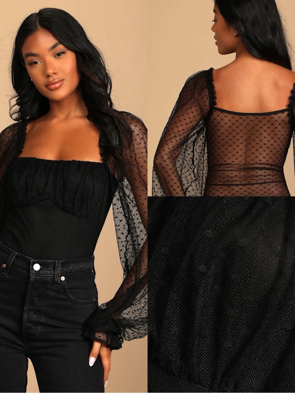 Lulus Call the Dots Black Dotted Mesh Long Sleeve Bodysuit